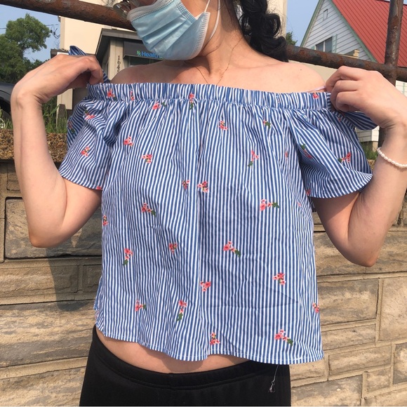 Blue Striped Off-shoulder Blouse Tee - Picture 6 of 13
